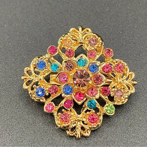 Colourful Gemstone Vintage Inspired Gold Tone Brooch